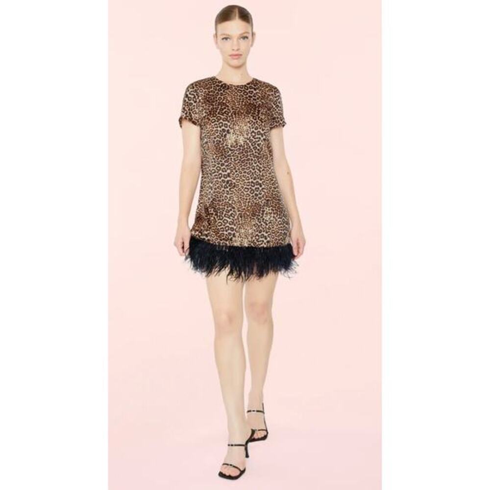 likely leopard satin feather trim mini dress